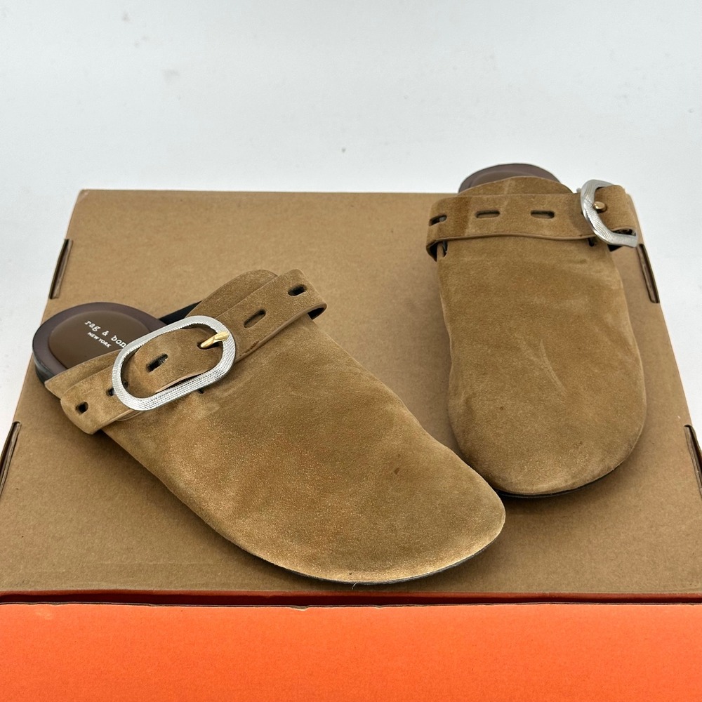 Rag & Bone Ansley Tan Brown Mule Clog Slip On Leather Slides Buckle Womens EU 39